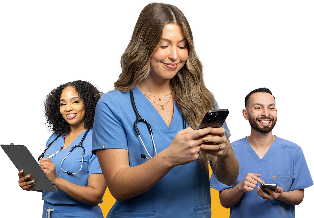 2 female and 1 male healthcare workers in scrubs in different poses and smiling