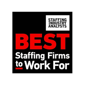 Award badge from Staffing Industry Analysts with ‘BEST Staffing Firms to Work For’ text, set against a black background with red and white lettering, recognizing excellence in staffing firms