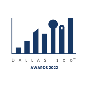 Logo for the DALLAS 100™ AWARDS 2022 featuring a stylized blue bar graph skyline with the text ‘DALLAS 100™’ above and ‘AWARDS 2022’ below, symbolizing recognition of top-performing companies or individuals in Dallas
