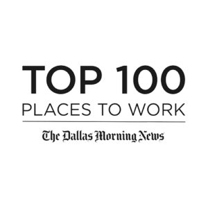 A logo with the text ‘TOP 100 PLACES TO WORK’ in bold uppercase letters, accompanied by ‘The Dallas Morning News’ below, signifying recognition of exemplary workplace environments